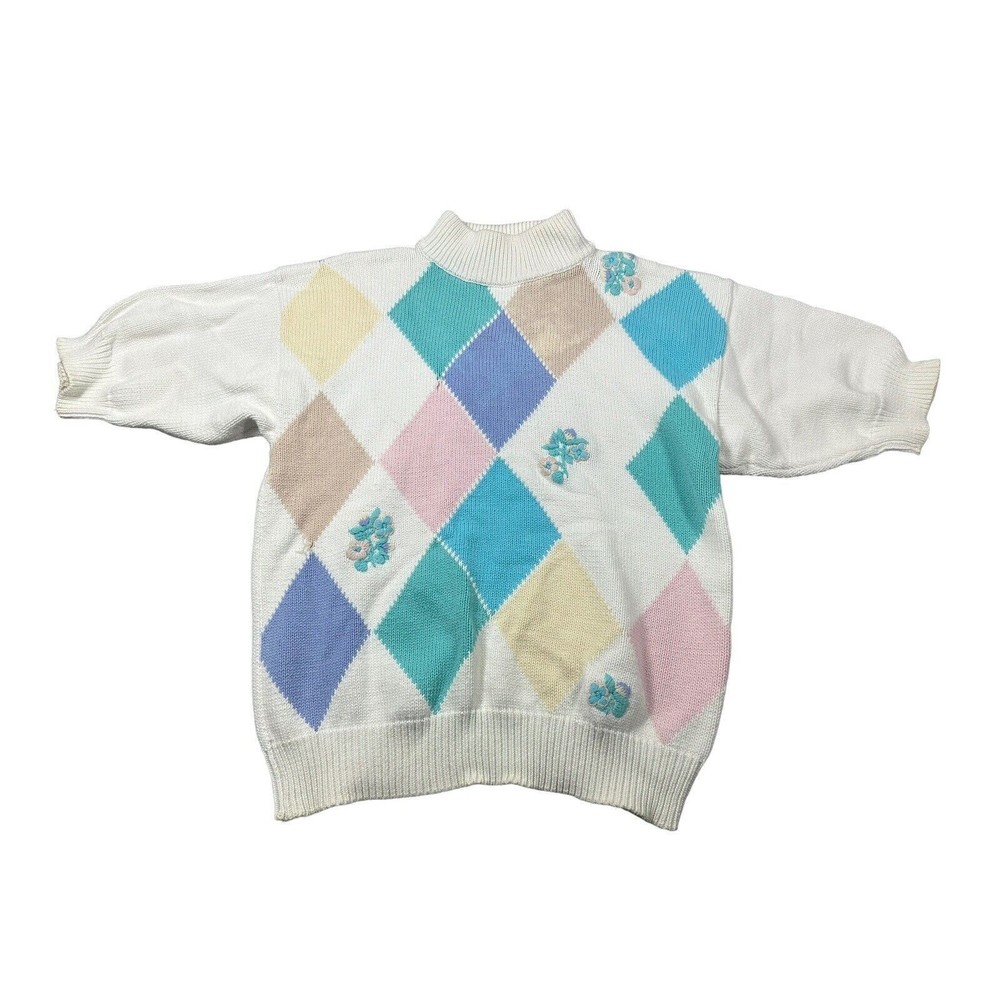 Le Moda Knitwear Small 100%‎ Cotton 1/2 Sleeve 90s Argyle Mock Neck Vintage